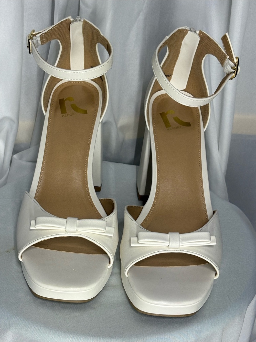 New Report White Platform Ankle-Strap Sandals with Bow Accent Size 9